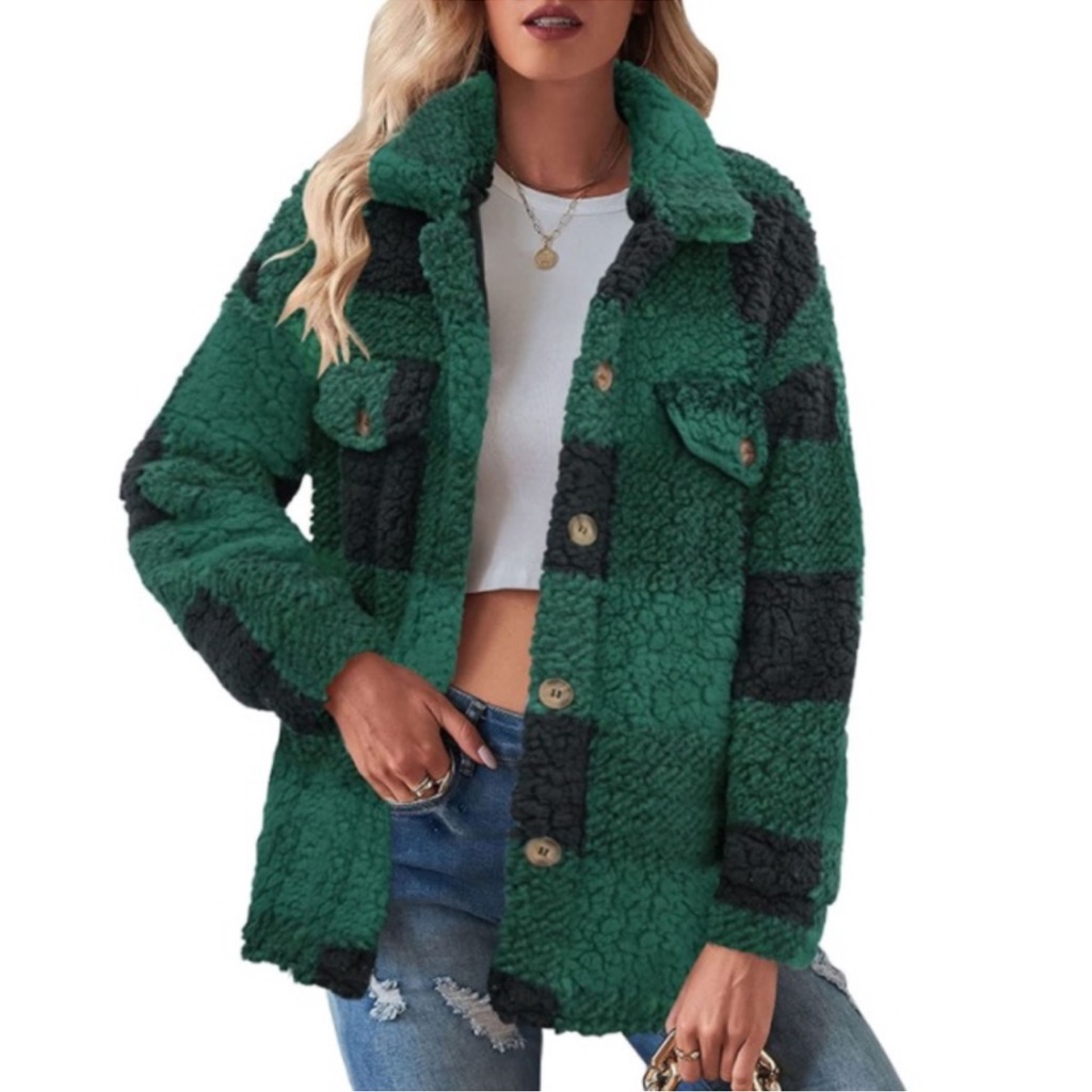 Fleece Plaid Jacket Coats Button Down Lapel Sherpa Shacket Outwear With Pockets